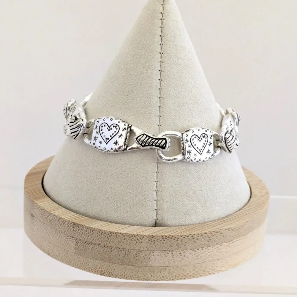 Silver Tone Puffy Heart Swirl Link Bracelet 7